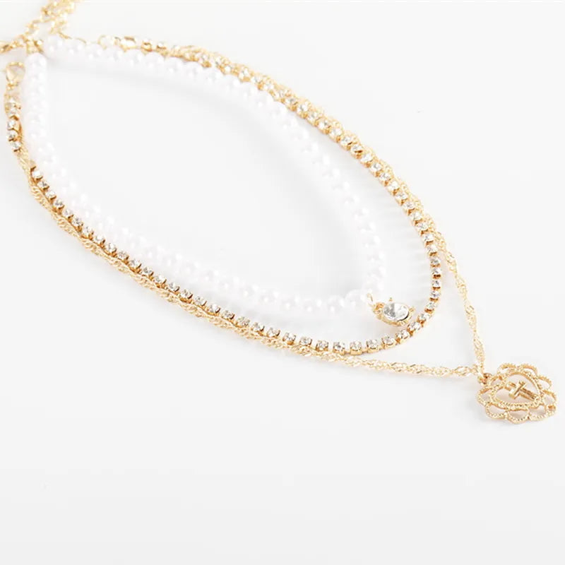 Perle Cristal Collier Ras de Cou Pour Femmes Bohème Coeur Pendentif Multicouche Déclaration Colliers