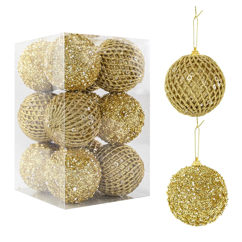 Ornements de sapin de Noël dorés et blancs scintillants, 8cm, 12 pièces