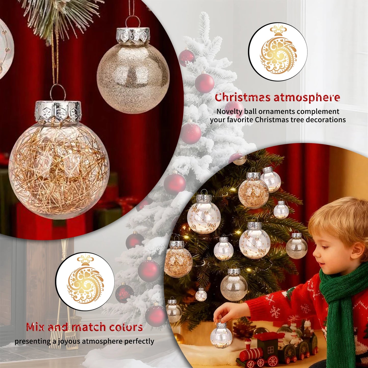 Boules décoratives de Noël transparentes en PET, 24 pièces, ornements d'arbre de Noël