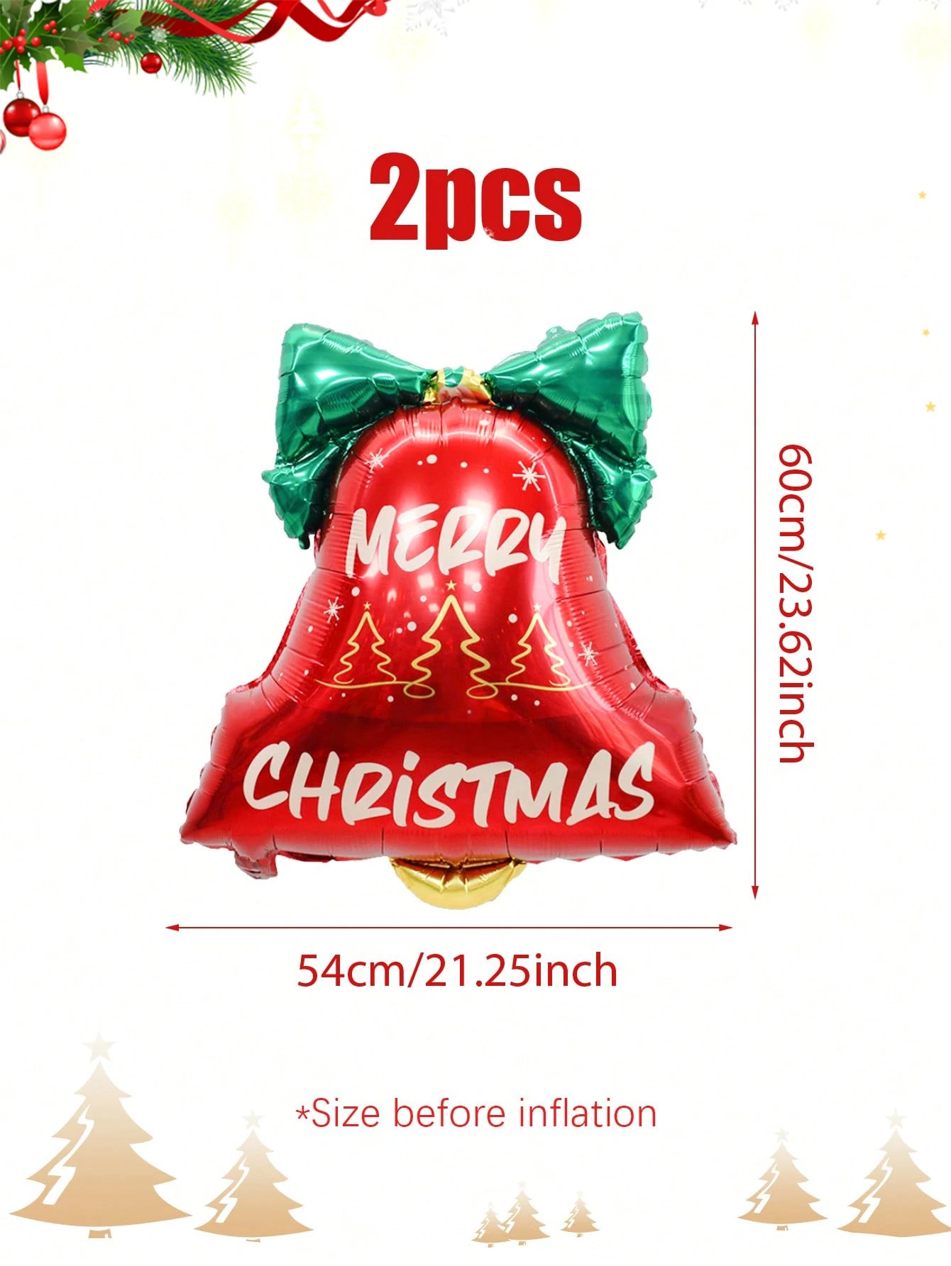 Ballons en aluminium avec cloche de noël, 2 pièces, design en forme de cloche à nœud, adaptés à la décoration de noël, fête de noël
