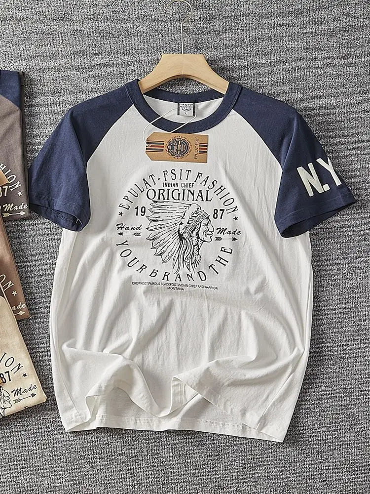 Été nouveau américain rétro à manches courtes col rond lettre imprimé T-shirt hommes mode Simple 100% coton lavé décontracté Sport hauts