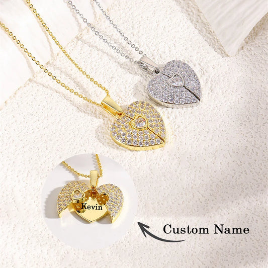 Collier médaillon personnalisé en forme d'aile d'ange pour femmes, noms personnalisés, collier en forme de cœur
