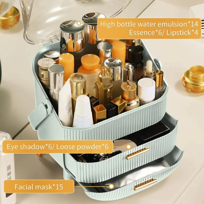 Makeup Organizer with 2 Drawers and Brush Storage Box, Cosmetic Display Case for Vanity and Bathroom Countertop Storag