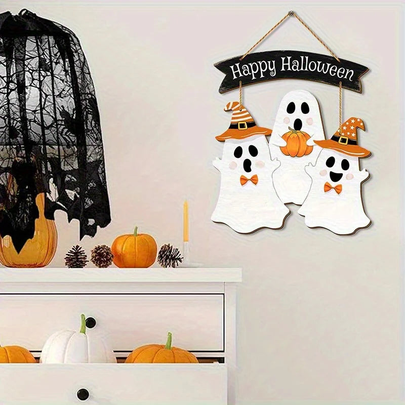 Panneau suspendu en bois pour Halloween |   Décor festif multicolore avec fantômes en costumes et motif citrouille