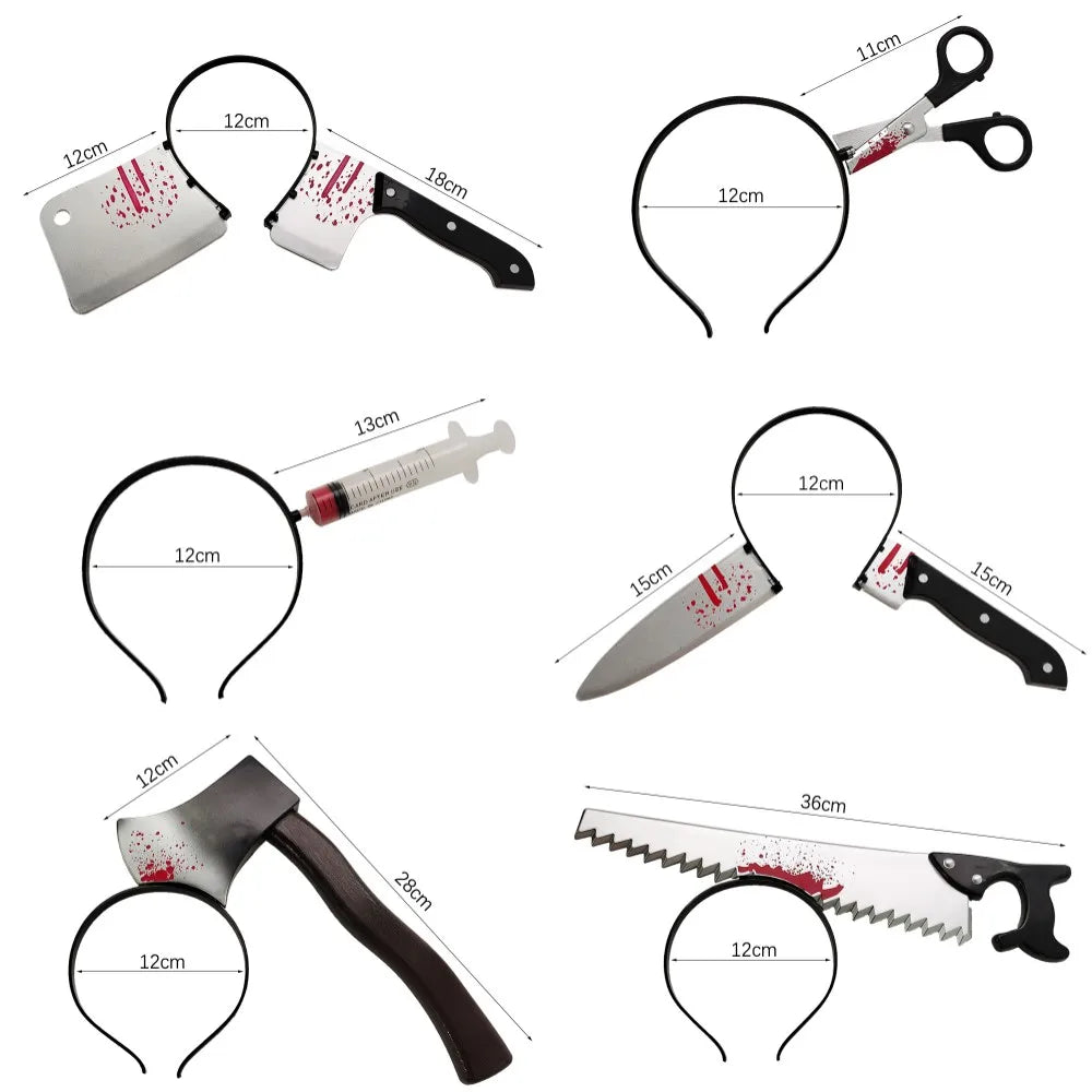 Cerceau de cheveux de sang d'horreur d'Halloween, faux couteau de scies de hache, accessoire déguisement