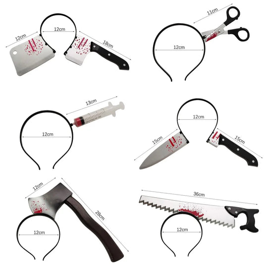 Cerceau de cheveux de sang d'horreur d'Halloween, faux couteau de scies de hache, accessoire déguisement