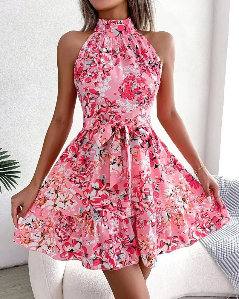 Robe courte sexy à fleurs pour femmes, tenue de plage décontractée, col licou, vêtements de vacances, printemps et été