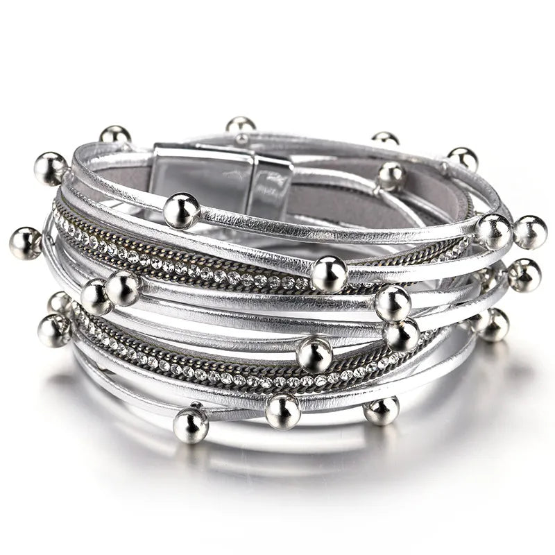 ALLYES – Bracelets en cuir à breloques en perles métalliques pour femmes et hommes, chaîne en cristal, bohème, multicouche, bijoux féminins