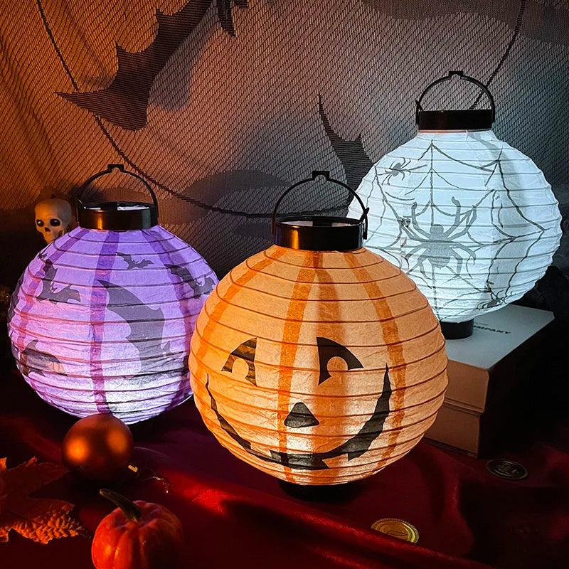 Lanterne LED en papier citrouille pour Halloween, lanterne suspendue avec impression de crâne d'araignée et de chauve-souris, décoration extérieure pour Festival, fête, maison, jardin