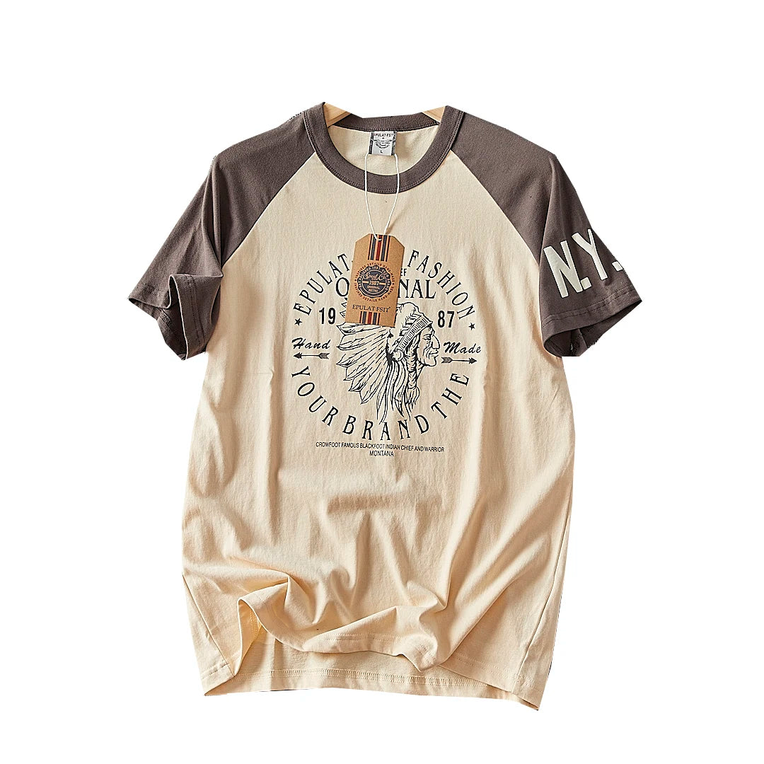 Été nouveau américain rétro à manches courtes col rond lettre imprimé T-shirt hommes mode Simple 100% coton lavé décontracté Sport hauts