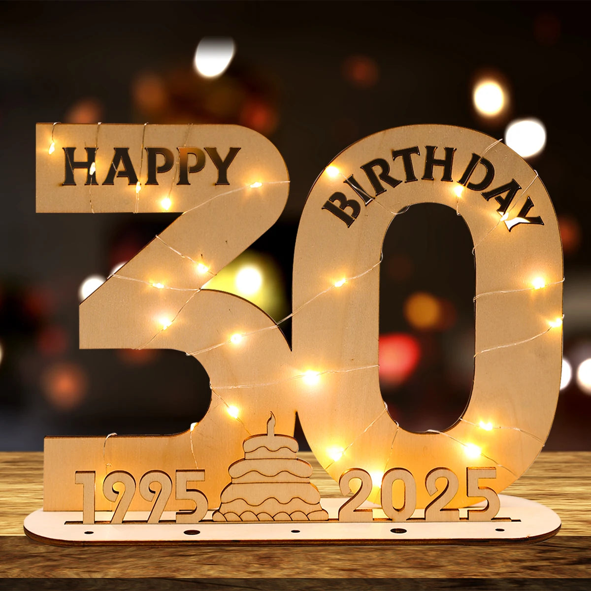 Décor de fête d'anniversaire en bois avec lumière LED, chiffres et lettres, fournitures de fête, faveurs pour adultes, 30 ans, 40 ans, 50 ans