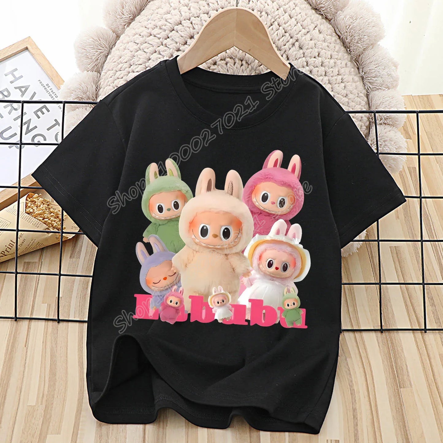 Labubu T-shirt pour enfants mignon dessin animé Anime T-shirt haut noir à manches courtes col rond vêtements mode enfants vêtements d'été cadeau