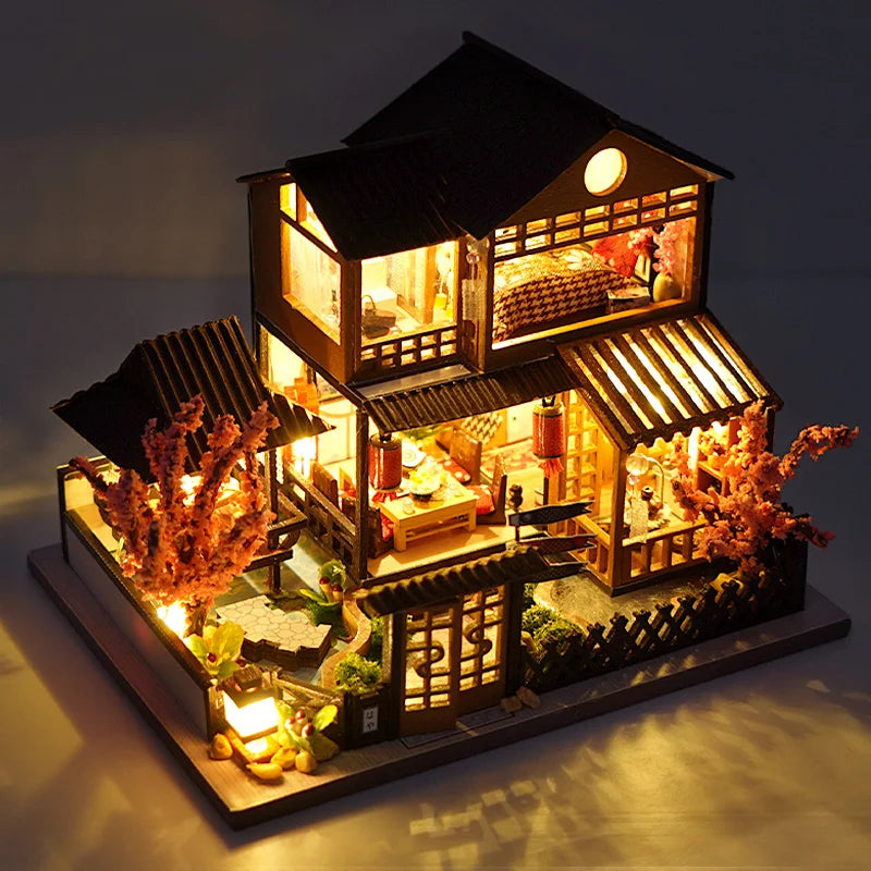 Mini maison de poupée en bois avec meubles, Kit d'éclairage, accessoires miniatures, jouets en bois faits à la main, cadeaux d'anniversaire, bricolage