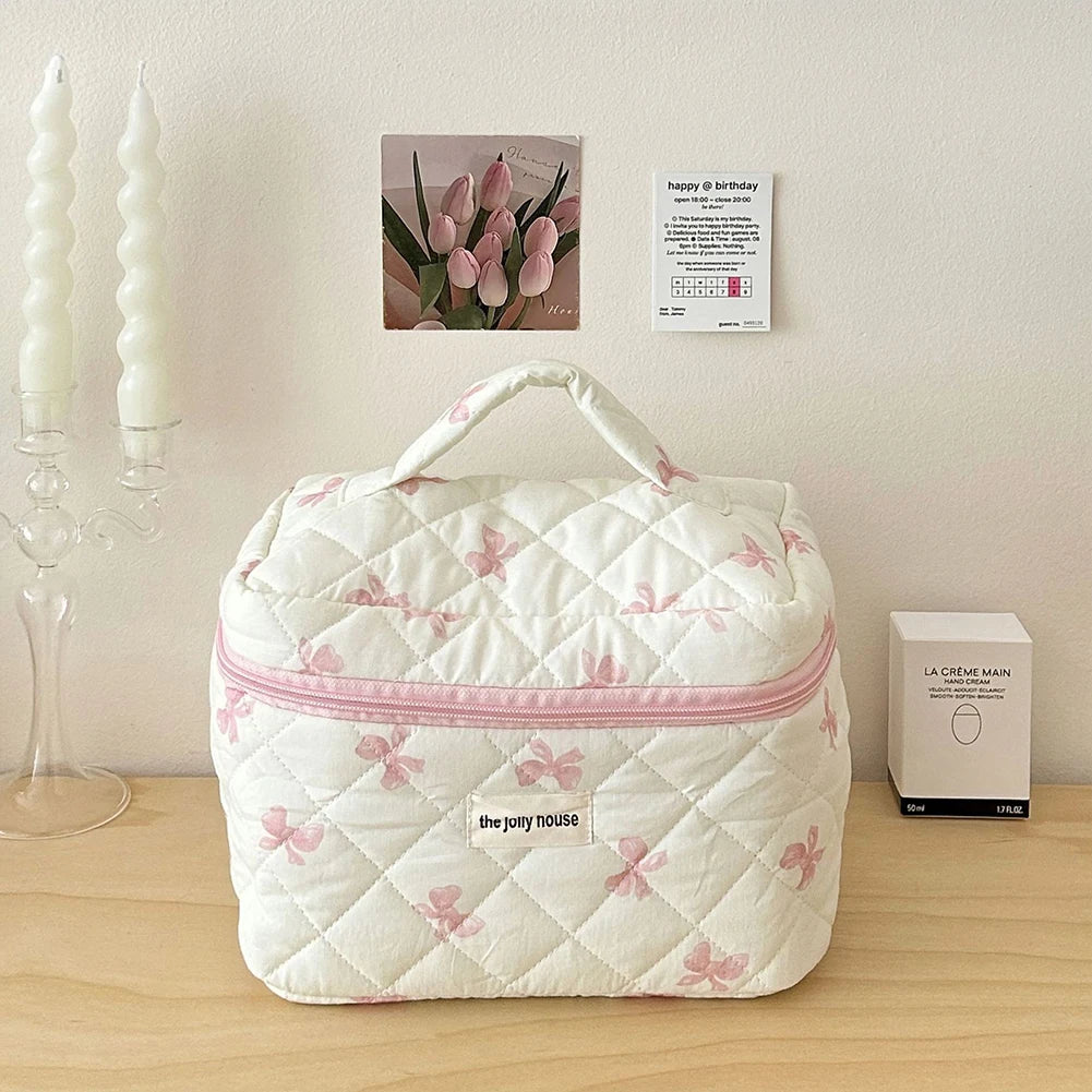 Trousse à cosmétiques en coton matelassé pour femmes et filles, trousse de maquillage, sac de soin de la peau avec fermeture éclair, joli nœud