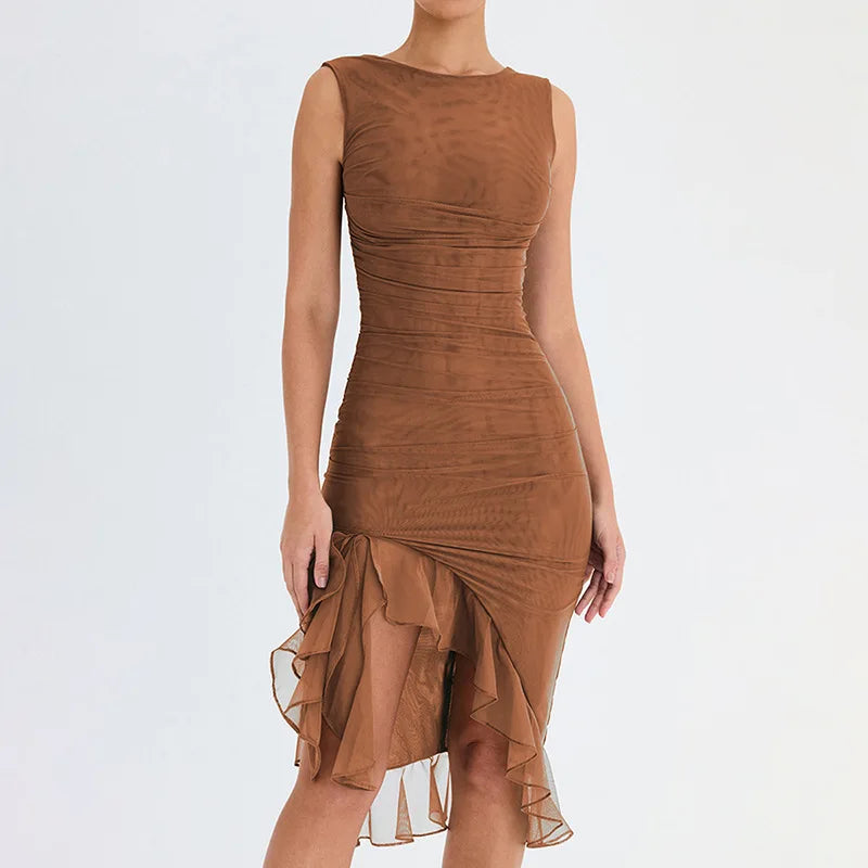 Robe mi-longue froncée à volants pour femmes, robe élégante, dos nu, fibre irrégulière, club, fête, sexy, été, nouveau
