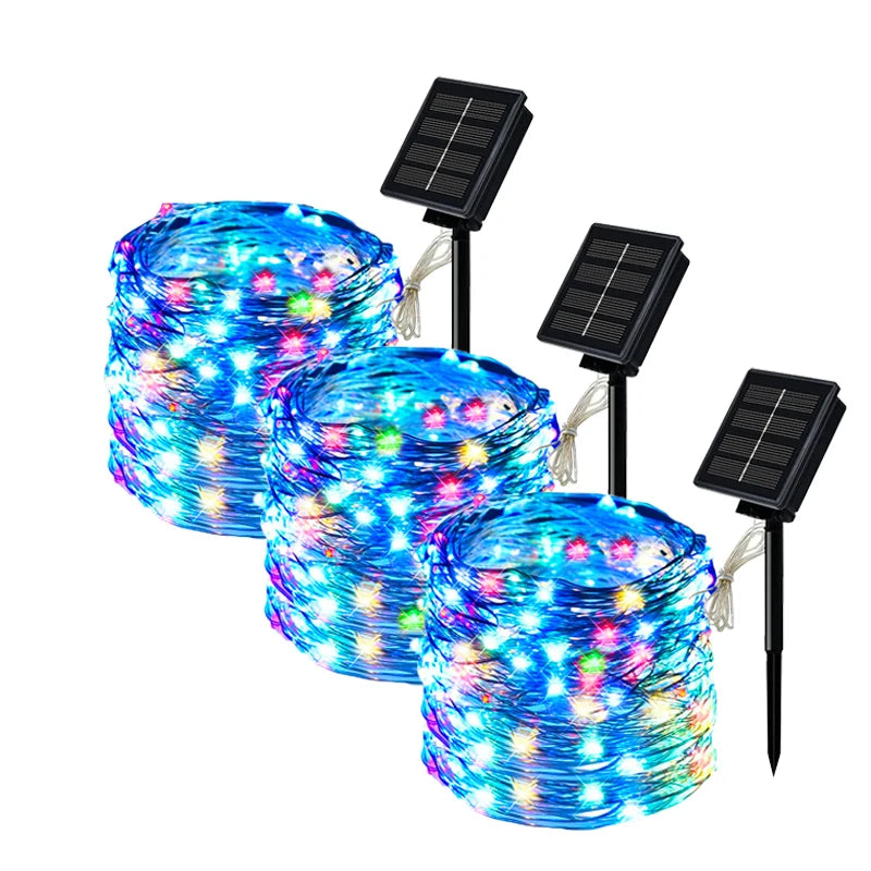 Guirlande solaire d'extérieur LED, guirlande féerique en fil de cuivre, lampe de décoration de jardin, cour, fête de noël, 8 modes