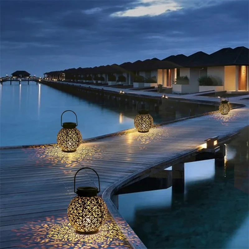 Lanterne solaire à LED en fer forgé, lumière de projection creuse, lampes de face, extérieur, étanche, cour, jardin, décoration artistique