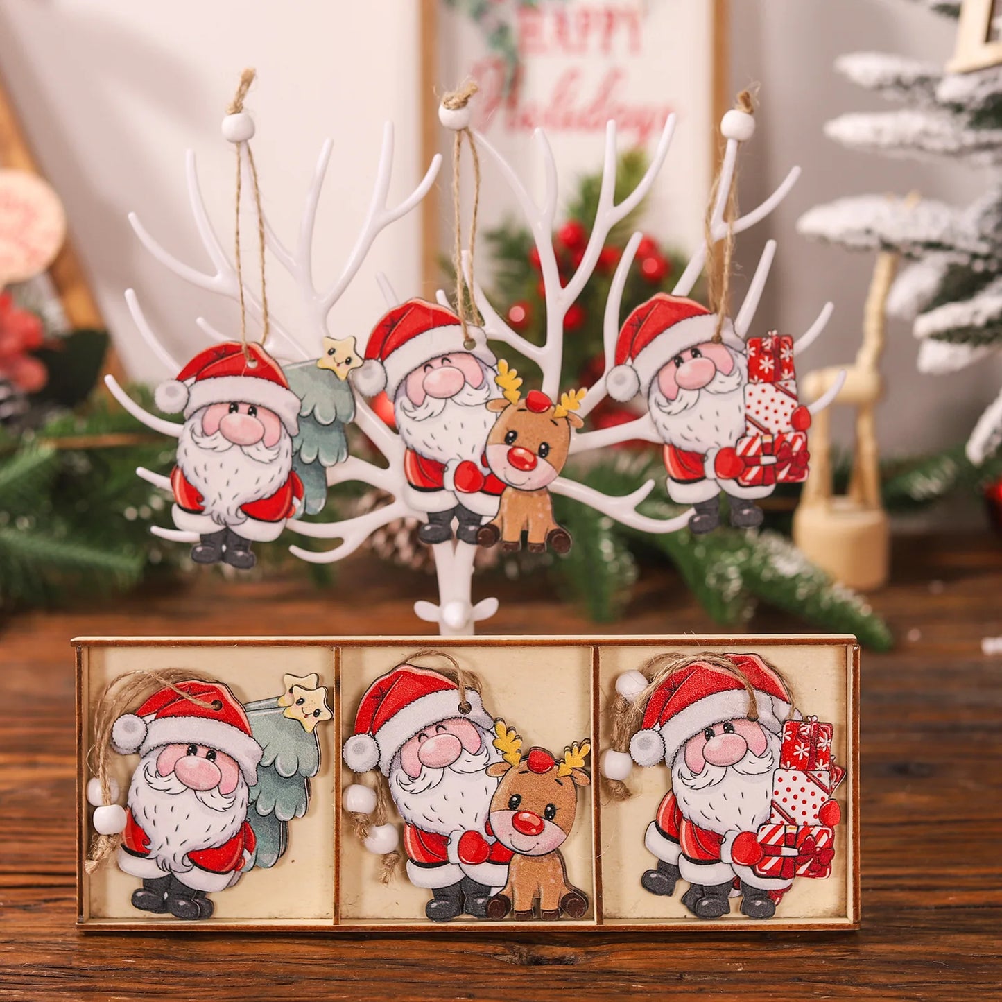 Décoration de Noël en bois, père Noël, bonhomme de neige, wapiti, décoration d'arbre de Noël, 9 pièces