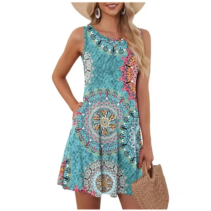 Mini robe trapèze rétro à col rond pour femmes, robes d'été pour femmes, poche en fibre, imprimé floral, glacé, précieux, décontracté