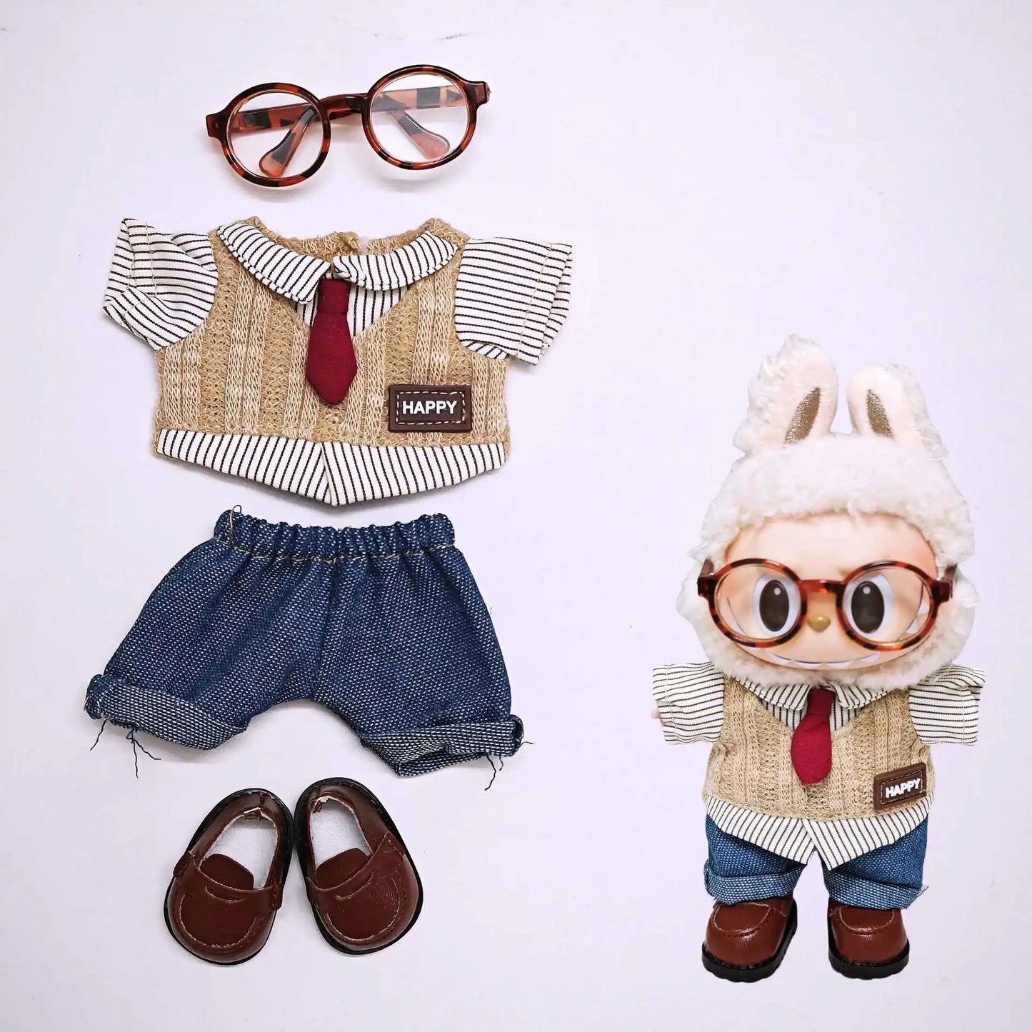 Ensemble de vêtements de poupée Labubu, purement fait à la main, littéraire, doux, vêtements de poupée, chemise, gilet, chaussures en cuir, lunettes, exquis, de haute qualité