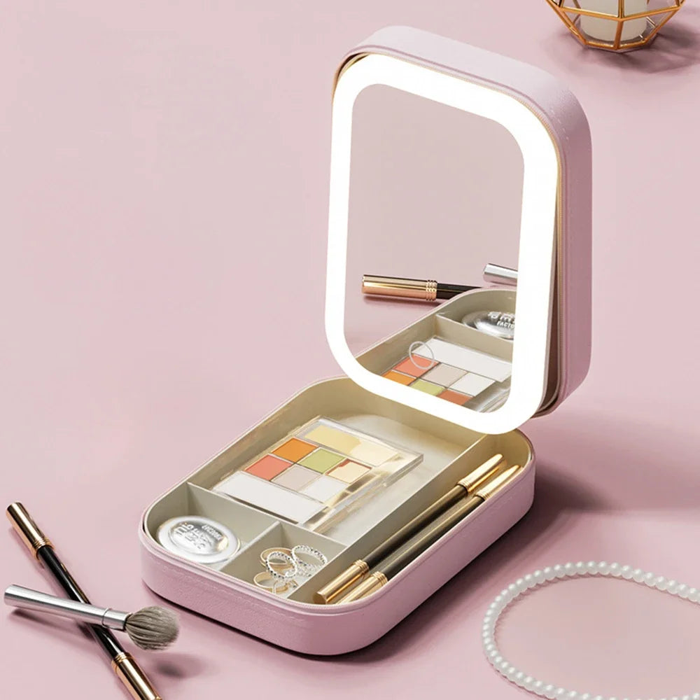 Boîte de rangement de maquillage miroir LED, étui de maquillage de voyage Portable, sac à cosmétiques, boîte de rangement de maquillage de grande capacité, accessoires de maquillage