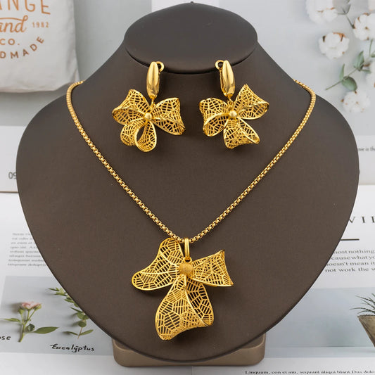 Ensemble de bijoux de Dubaï pour femmes,  pendentif nœud, collier de luxe, boucles d'oreilles