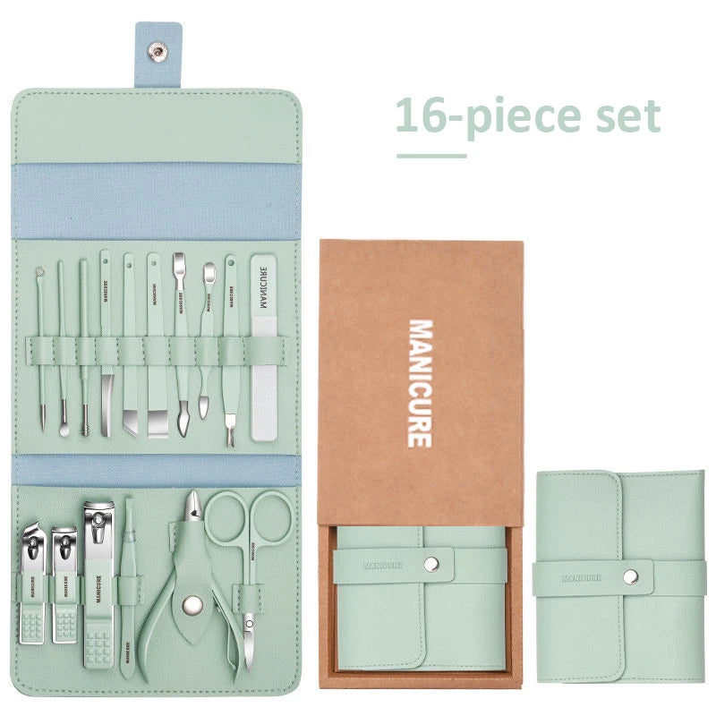 Ensemble de manucure professionnel 12/16 pièces, Kit complet de pédicure en acier inoxydable avec étui Portable en cuir, idée cadeau