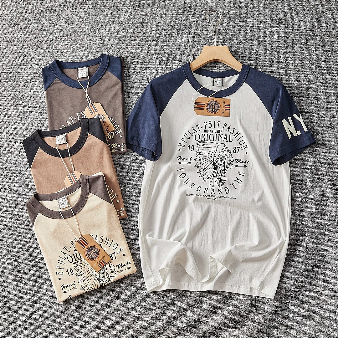 Été nouveau américain rétro à manches courtes col rond lettre imprimé T-shirt hommes mode Simple 100% coton lavé décontracté Sport hauts