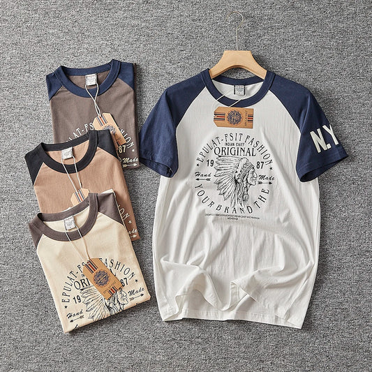 Été nouveau américain rétro à manches courtes col rond lettre imprimé T-shirt hommes mode Simple 100% coton lavé décontracté Sport hauts