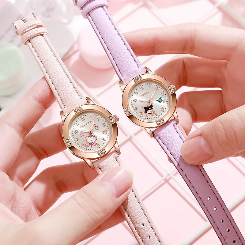 Sanrio Hello Kitty montres cannelle Kuromi ma mélodie mignon dessin animé or Rose avec ceinture en diamant montre montre à Quartz pour femme