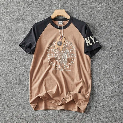 Été nouveau américain rétro à manches courtes col rond lettre imprimé T-shirt hommes mode Simple 100% coton lavé décontracté Sport hauts