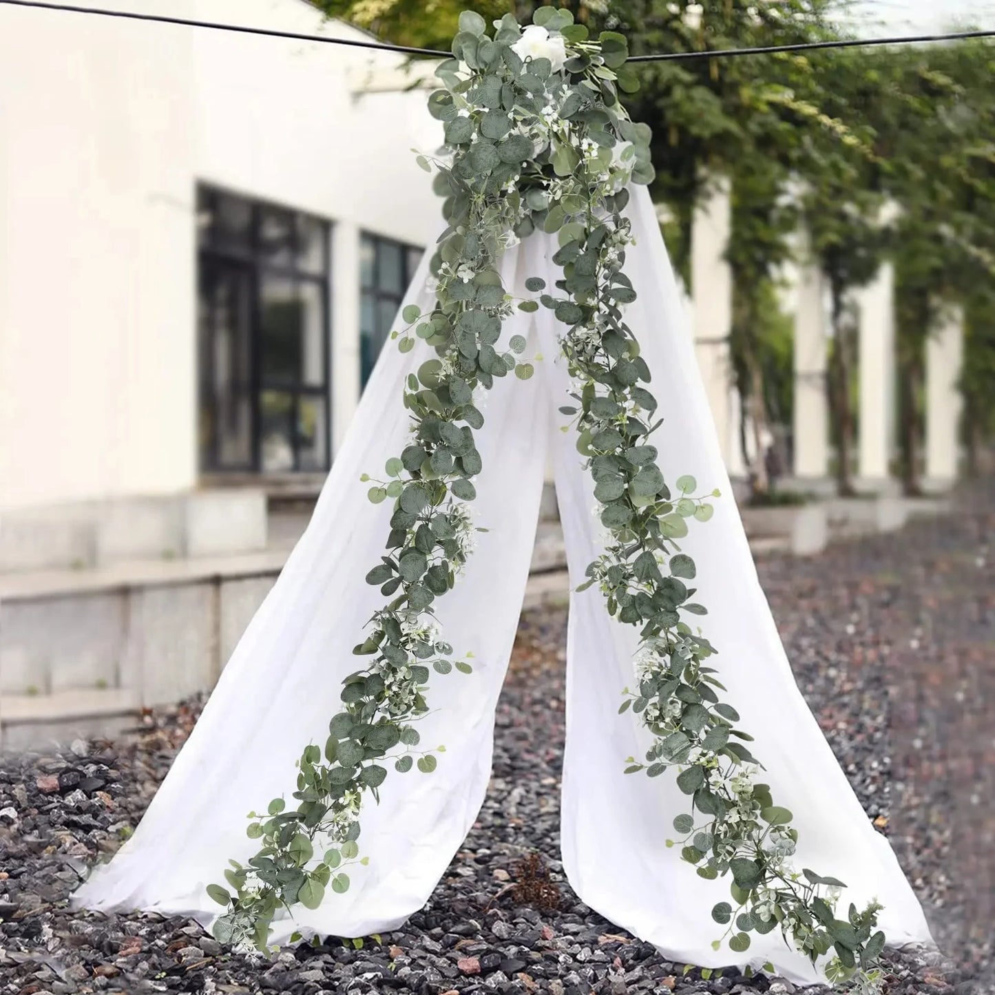 Guirlande de feuilles d'eucalyptus artificielles, 1 pièce, fausse plante verte, vignes de printemps avec fleurs blanches, baies pour décoration de fête de mariage à domicile