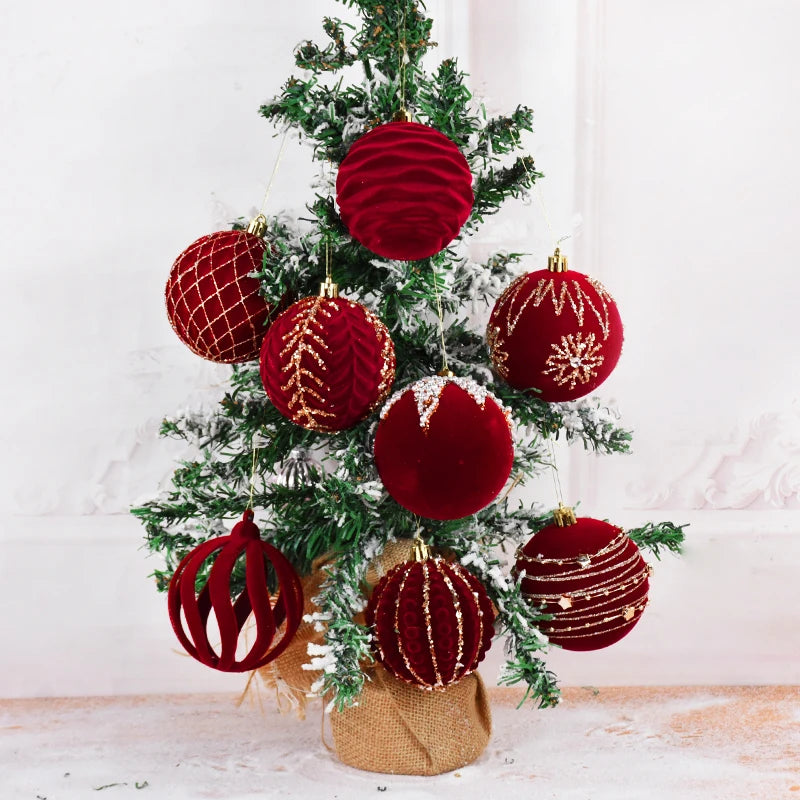 Ornements de boule de Noël rouge vin, paillettes scintillantes, velours, arbre de Noël 8cm, 4 pièces par boîte