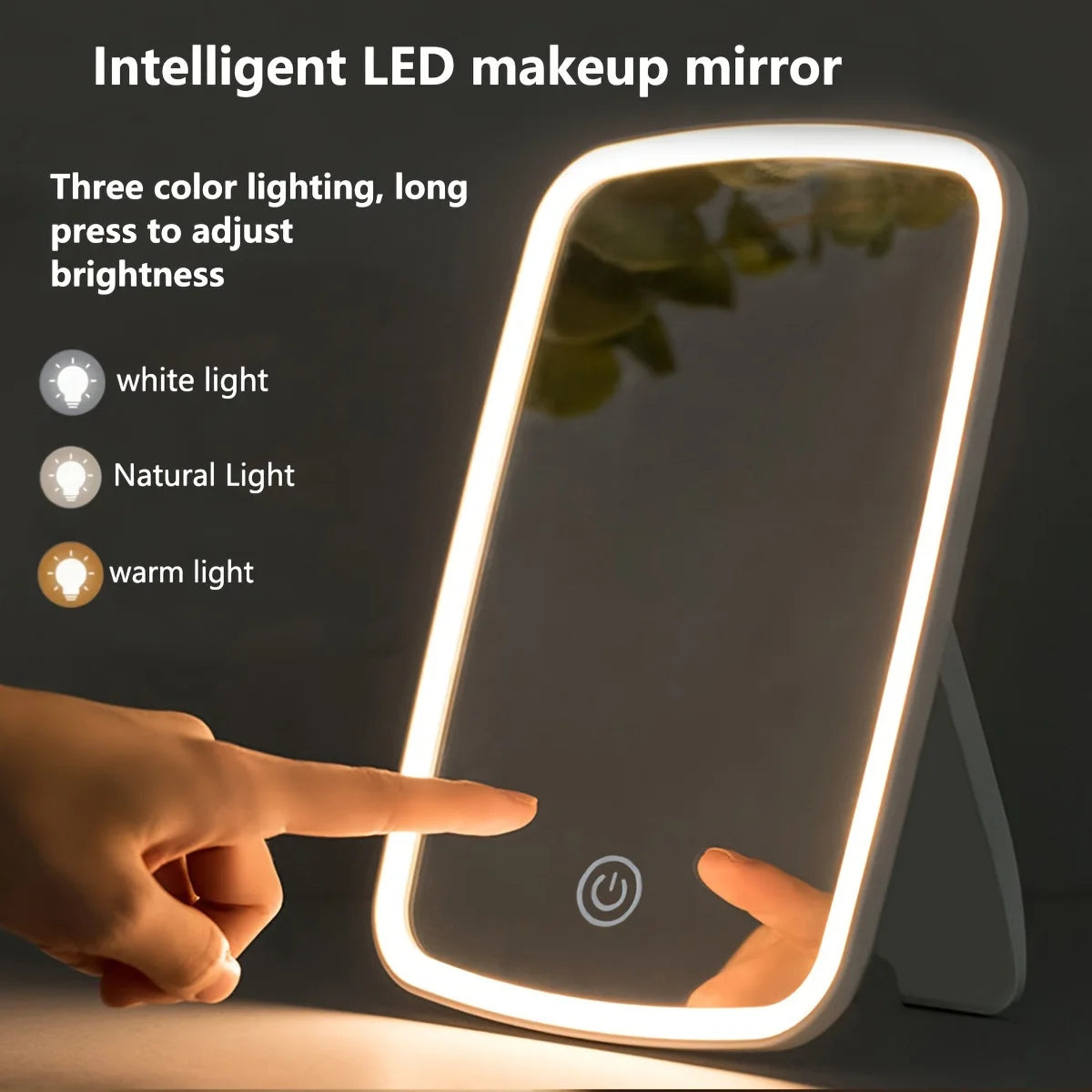 Miroir de maquillage LED avec capteur tactile, éclairage 3 couleurs, luminosité réglable, miroir cosmétique de table pliant avec chargement USB