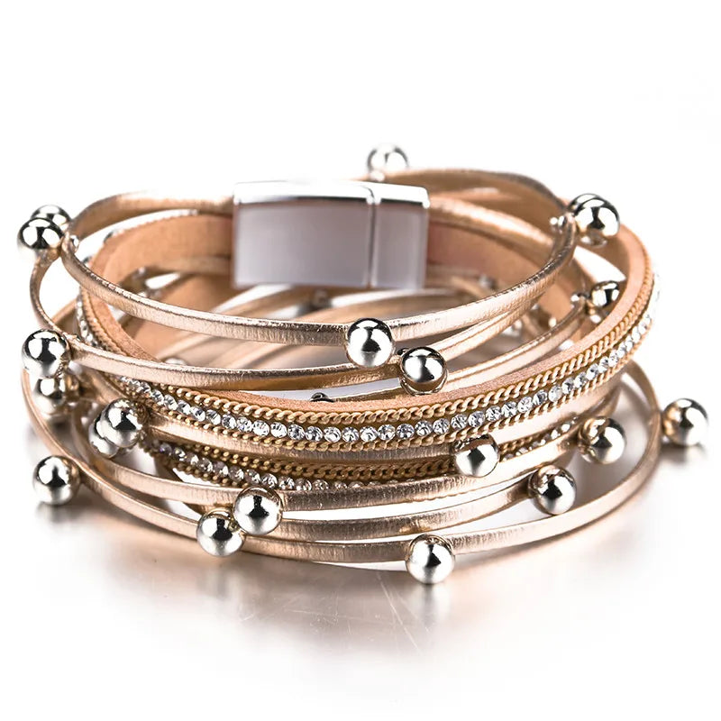 ALLYES – Bracelets en cuir à breloques en perles métalliques pour femmes et hommes, chaîne en cristal, bohème, multicouche, bijoux féminins