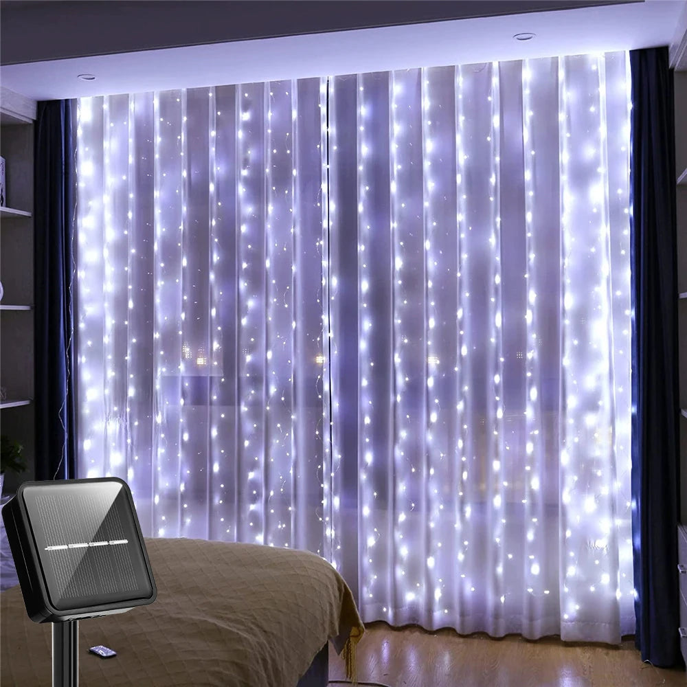 Rideau Lumineux Solaire à 300LED pour l'Extérieur, Décoration Étanche, Guirxiété Lumineuse de Noël
