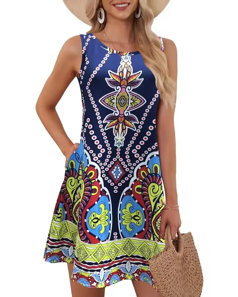 Mini robe trapèze rétro à col rond pour femmes, robes d'été pour femmes, poche en fibre, imprimé floral, glacé, précieux, décontracté