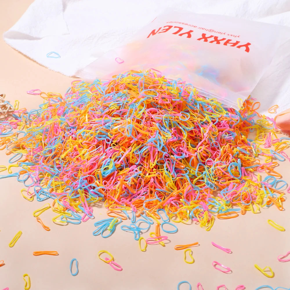 Lot de 500/1000/2000 élastiques à cheveux jetables colorés pour filles, serre-têtes pour queue de cheval, accessoires pour cheveux