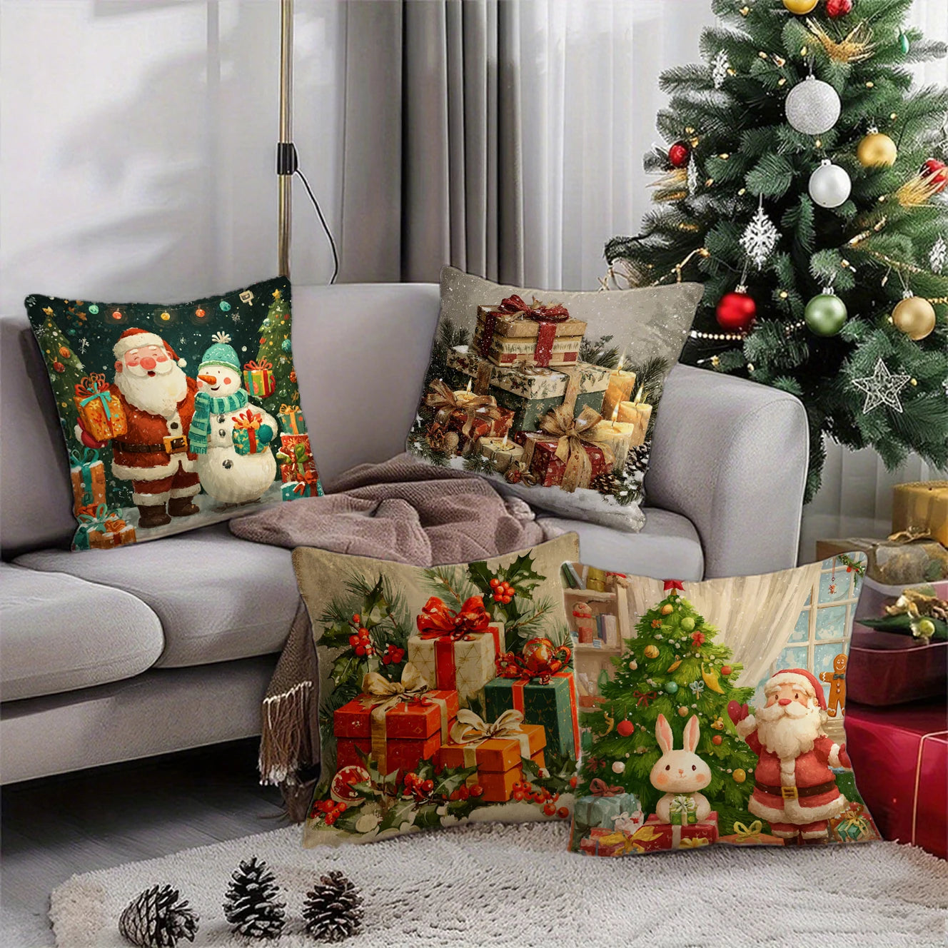 Housse de coussin décorative aux motifs festifs de Père Noël et bonhomme de neige