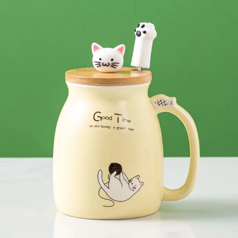 Tasse résistante à la chaleur pour chat, couleur créative, dessin animé avec couvercle, tasse de 450ml, chaton, café, tasses en céramique, tasse pour enfants, verres de bureau, cadeau