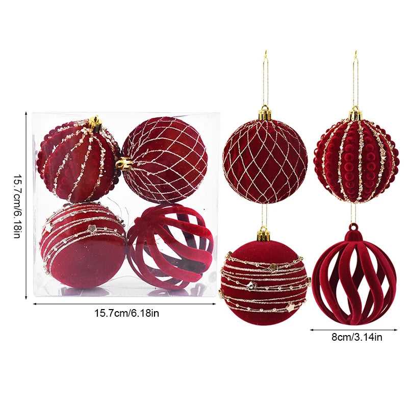 Ornements de boule de Noël rouge vin, paillettes scintillantes, velours, arbre de Noël 8cm, 4 pièces par boîte