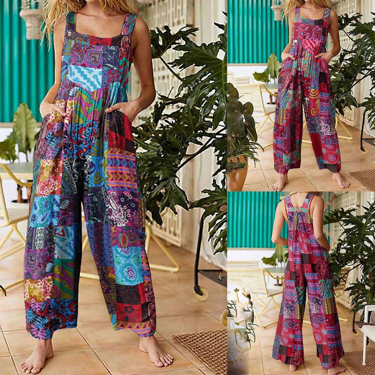Combinaisons d'été pour femmes, salopette multicolore style ethnique, col carré, barboteuse décontractée avec poches pour filles