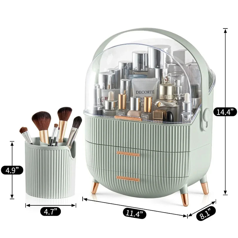 Makeup Organizer with 2 Drawers and Brush Storage Box, Cosmetic Display Case for Vanity and Bathroom Countertop Storag