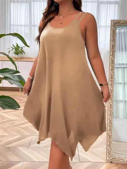 Grande taille femmes solide à bretelles ourlet asymétrique t-shirt robe mi-longue dames sans manches décontracté ample vacances d'été robe d'été XL-5XL