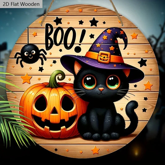Panneau d'Halloween en bois, pendentif en bois BOO avec motif chat noir et citrouille