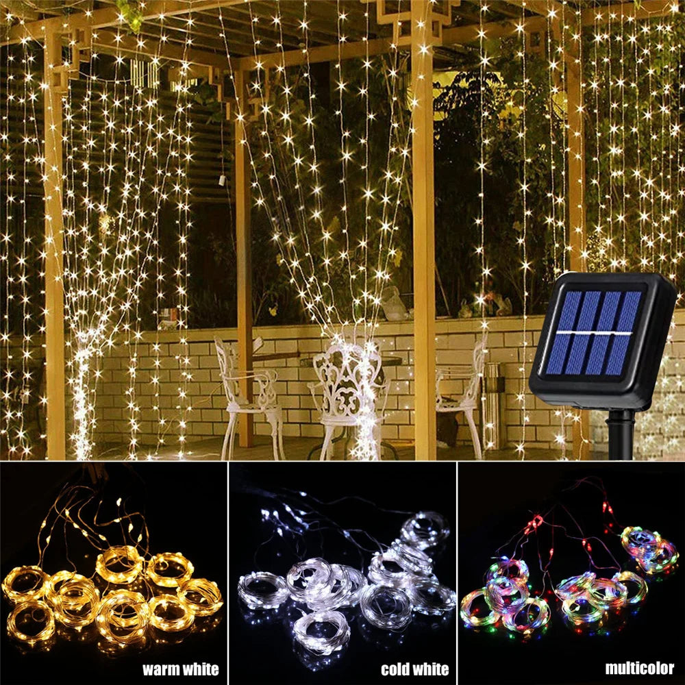 Rideau Lumineux Solaire à 300LED pour l'Extérieur, Décoration Étanche, Guirxiété Lumineuse de Noël