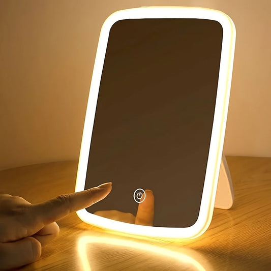 Miroir de maquillage LED avec capteur tactile, éclairage 3 couleurs, luminosité réglable, miroir cosmétique de table pliant avec chargement USB
