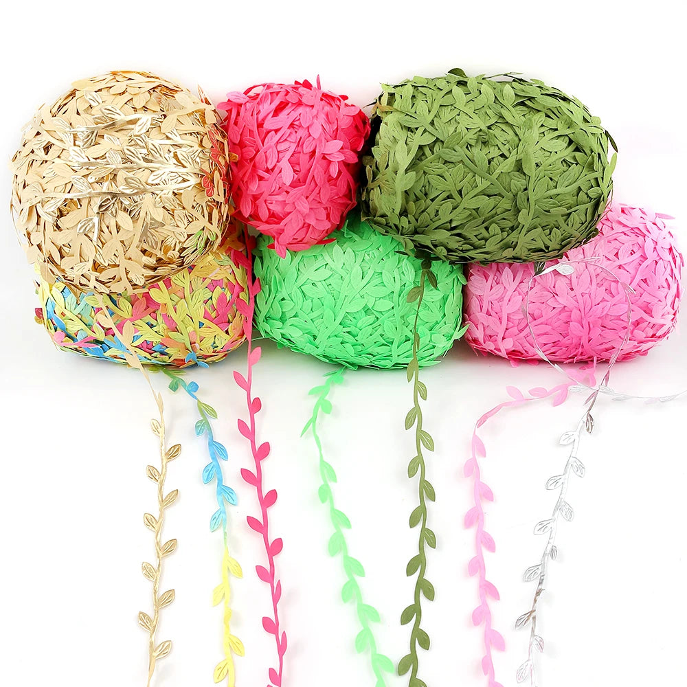 Feuilles artificielles en soie, 5 mètres, vertes et dorées, pour décoration de boîte de mariage, feuillage, scrapbooking, couronne artisanale