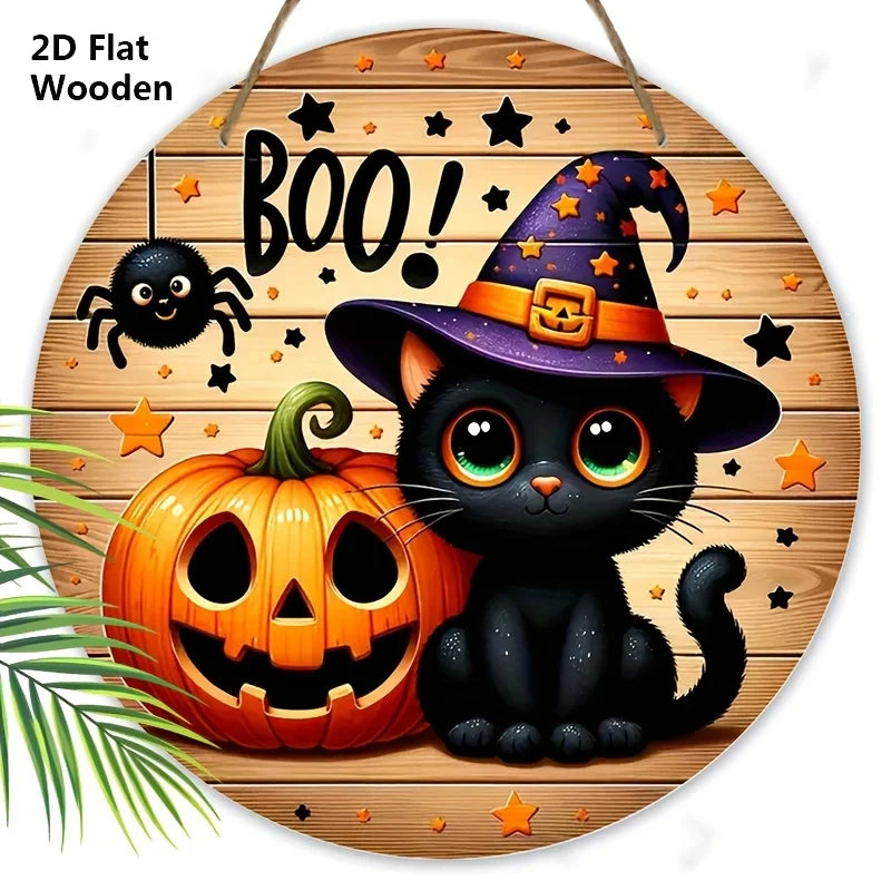 Panneau d'Halloween en bois, pendentif en bois BOO avec motif chat noir et citrouille