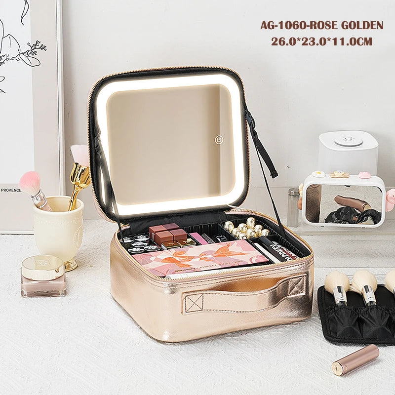 Boîte de rangement de voyage Portable pour cosmétiques, avec sacs de vanité rechargeables Led 2000mAh, étui de maquillage avec miroir lumineux Led